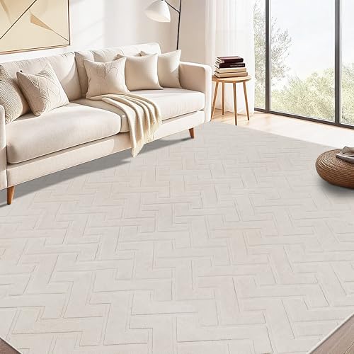 Famibay Rugs Living Room Large 200x290 Washable Beige Area Rugs Fluffy Low Pile Geometric Soft Modern Carpet Anti Slip No Shedding for Bedroom Office Dining Room Decor