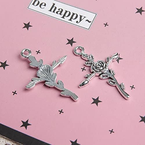 Acxico 20 Pcs Cross Charms Antique Silver Tone with Detailed Rose - Image 2