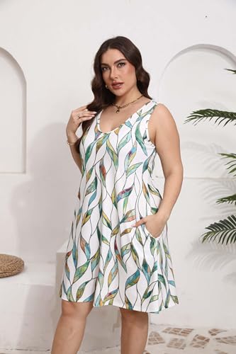 Image of Women Plus Size V Neck Sleeveless Floral Print Pocket T Shirt Dresses Casual Midi Tank Dress Beach Cover up Sundress (XL-5X)