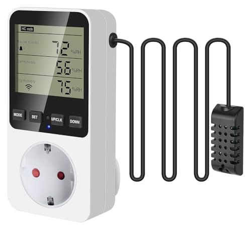 AIFIZO Hygrostat Steckdose mit Fühler, Feuchteregler 16A 230V für Luftbefeuchter Luftentfeuchter Pilz Terrarium, 20~99% RH, -10°C~50°C, Feuchtigkeitsregler Temperaturregler mit Alarm