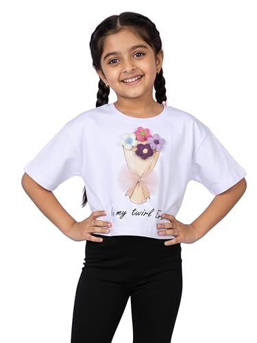 Image of KiddoPanti Girls 100% Cotton Solid Drop Shoulder Half Sleeve Round Neck Crop Tee