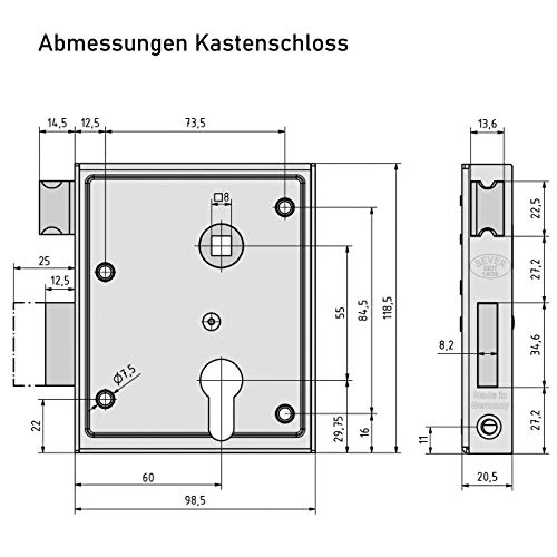 Bever & Klophaus Universal-Kastenschloss mit Griffset und Rückplatte