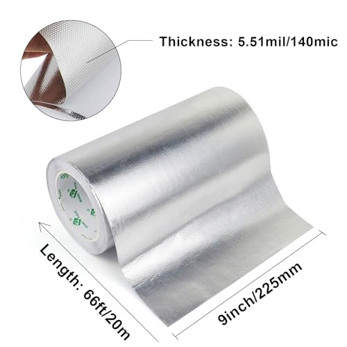 Image of BOMEI PACK Adhesive Aluminum Foil Heat Shield Tape 9inch x 66ft Barrier Fiberglass Thermal Insulation Reflective Material High Temp Protectionn,1 Pack
