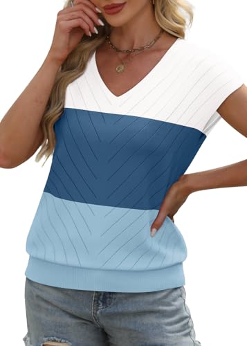 Image of WIHOLL Short Sleeve Sweater for Women V Neck Trendy Summer Tops 2026 Beach Vacation Clothes Travel Business Casual Outfits