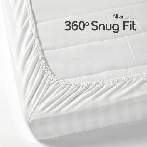 Image of LINENWALAS Cotton 300 TC Fitted Bed Sheet for King Size Bed | Signature 2 CM Sateen Stripe Design |All-Around Elastic for 4-8 Inch Mattresses | Luxury Hotel-Style Bedding (72 x 78, White)