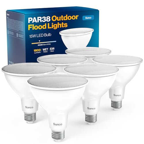 Sunco 6 Pack Outdoor Flood Light Bulbs, PAR38 LED Waterproof Lighting, 1800 LM, 15W (150W Equivalent), 3000K Warm White, Dimmable, E26 Base, Wet Rated, for Porch Landscape Driveway Garage Yard, UL