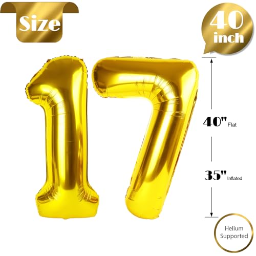 Image of Gold Number 17 Balloon 40 inch, 17 Number Balloons, 17th Gold Birthday Decorations, 17 Year Old Golden Party Supplies