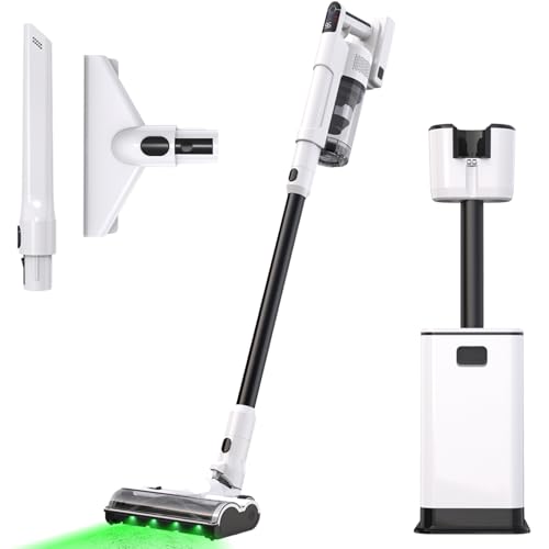 Dibea Cordless Stick Vacuum Cleaner with Auto-Empty Station, Lightweight, Anti-tangle V-shaped Brushroll, Green Light Dust Detection, Rechargeable Battery, Motorized Hand Tool for Pet Hair Carpet Tile