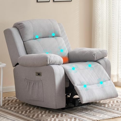 Sillón reclinable eléctrico con masaje y calor, reposapiés extendido, puertos USB y tipo C, tela gris