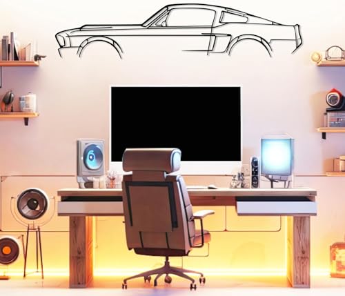 DecoSoul Mustang Metal Car Wall Art, Sports Car, Automotive Silhouette Line Decoration, Minimalist Sculpture for Garage, Indoor Outdoor Wall Hanging, Gift for Boyfriend, (Black - 25 x 5.5” inch)