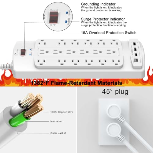 Image of 18 Outlets Surge Protector Power Strip - Nuetsa 10 Feet Flat Plug Heavy Duty Extension Cord with 18 Widely Outlets and 4 USB Ports, 2100 Joules, White, ETL Listed