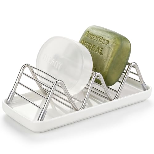 Stainless Steel Soap Dish Draining Soap Holder with Ceramic Tray, Silver