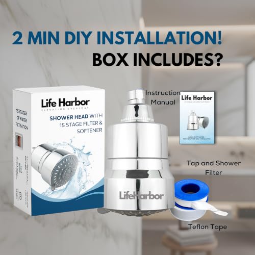Image of Life Harbor 15-Stage Hard Water Shower Filter | Reduces Hair Fall, Dry Skin & Dandruff | KDF-55 + Activated Carbon + FOF Scale Inhibitor | 2X Active Filtration Media (Shower Filter Classic)