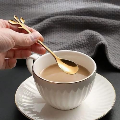 Image of NFI essentials 6 Pcs Leaf Design Coffee Tea Spoons Set, Stainless Steel 13cm Golden Retro Dessert Espresso Spoons Cutlery Kitchen Tableware, Perfect for Mixing & Stirring