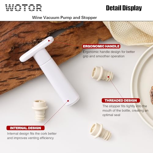 Image of WOTOR Wine Saver Vacuum Pump with 8 Stoppers, Wine Stopper & Preserver, Reusable Bottle Sealer Keeps Fresh, Ideal Accessories Gift, Flat Handle (White)
