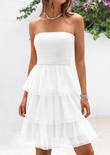 Image of PRETTYGARDEN Womens Tulle Dress Strapless Tube Top Short Dress Summer Ruffle Tiered Party Wedding Guest Dresses
