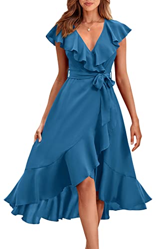 Image of PRETTYGARDEN Women's 2023 Summer Wrap Maxi Dress Casual Boho Deep V Neck Short Sleeve Ruffle Hem Split Beach Long Dresses, Grey Blue, M