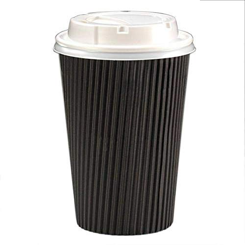 We Can Source It Ltd – 12oz Disposable Black Ripple Paper Cups with White Lids – Insulated Black Paper Cups with 3 Ply Construction – for Tea, Coffee, Hot Drinks– 100Pc