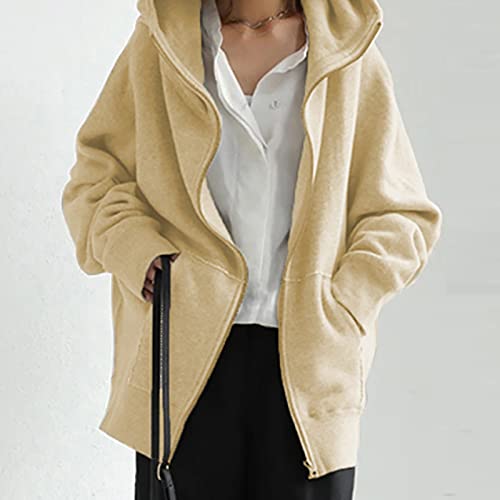 Moletom feminino de cor sólida, moletom solto de manga comprida com bolsos/zíper/cordão, moda outono