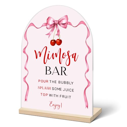 Mimosa Bar Sign, Acrylic Signs with Wood Stand for Gender Reveal Party, Bow Design Acrylic Sign, Mimosa Bar with Holder for Baby Bridal Shower Party, 09