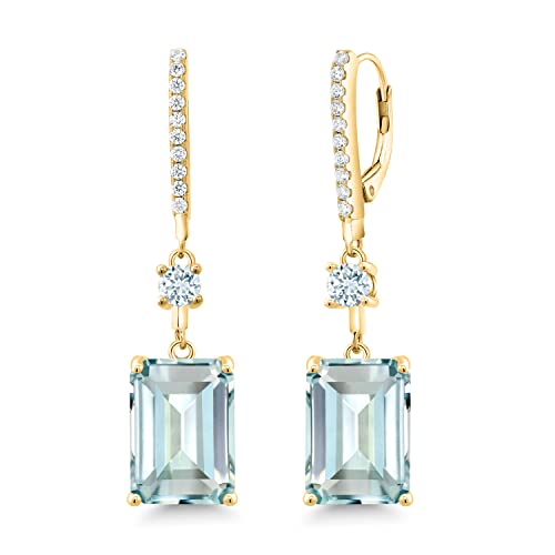 Gem Stone King 18K Yellow Gold Plated Silver Sky Blue Simulated Aquamarine Dangle Earrings For Women (14.08 Cttw, Emerald Cut 14X10MM)