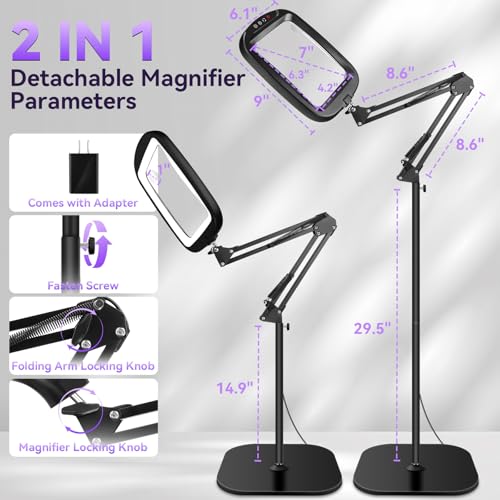 Image of 30x10x Extra Large Floor Magnifier with Light and Stand, 7 Inch Height Adjustable Floor Magnifier Lamp, 2-in-1 Illuminated Magnifiers for Close Work, Sewing, Crafts, Hobby