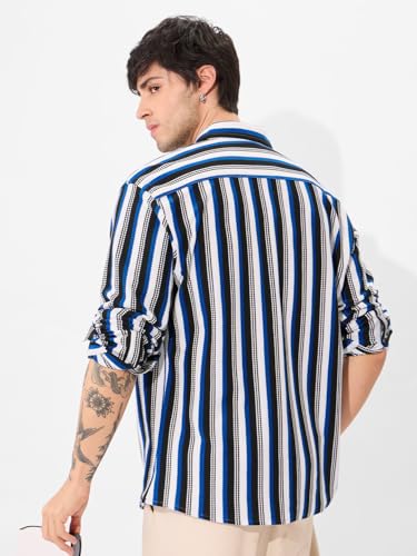 Image of The Souled Store Stripes: Blue, White Men and Boys Long Sleeves Collared Neck Button Front Regular Fit Cotton Blend Textured Shirts