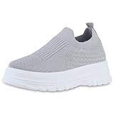  VAN HILL Damen Sneaker Slip Ons Schuhe Blockabsatz Slippers Strick Freizeitschuhe Plateau Vorne Stoff Schlupfschuhe 212136 Grau 41