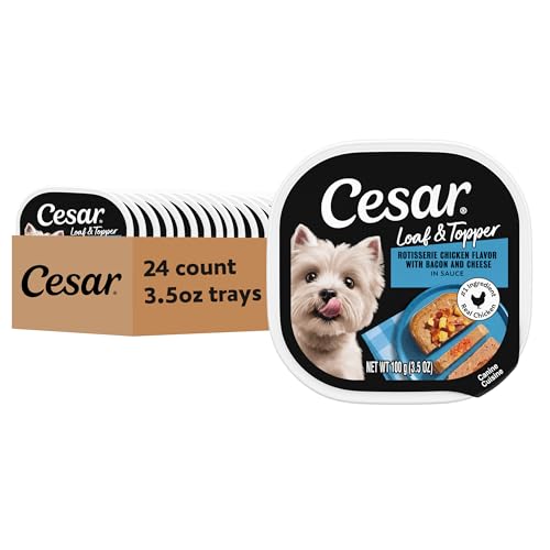 Image of Cesar Loaf & Topper Wet Dog Food, Chicken, Bacon & Cheese, 3.5 oz, 24 Count | Real chicken #1 ingredient, easy to digest, no fillers or added sugar, use as meal or food topper, easy peel trays