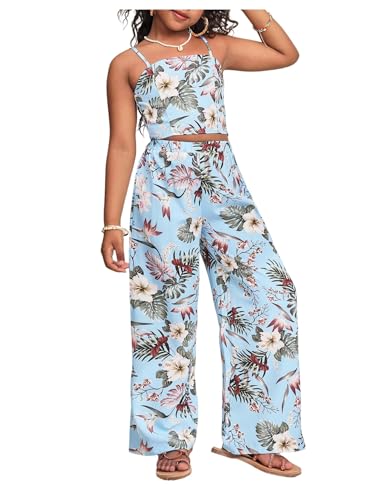 Image of Floerns Girl's 2 Piece Outfit Hawaiian Tropical Crop Cami Tops and Boho Pants Set