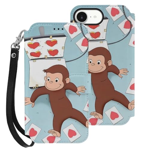 iPhone16 E用ケース 手帳型 おさるのジョージ アイフォン16 E用ケース 財布型 スマホケース PUレザー おしゃれ カード収納 スタンド機能 携帯カバー 耐衝撃 2025年新型
