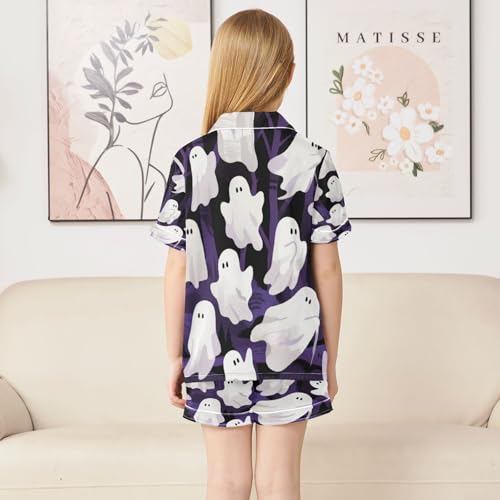 Satin Pajama Sets Short Sleeve Ghostly Figures on Purple Background Button Down Silky Nightwear 2 Piece PJS 5-14Y4