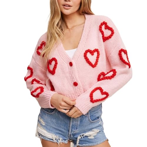 Image of Valentine's Day Cardigan Sweaters for Women Love Heart Print Button Down Cropped Cardigans Y2K Open Front Knit Sweater
