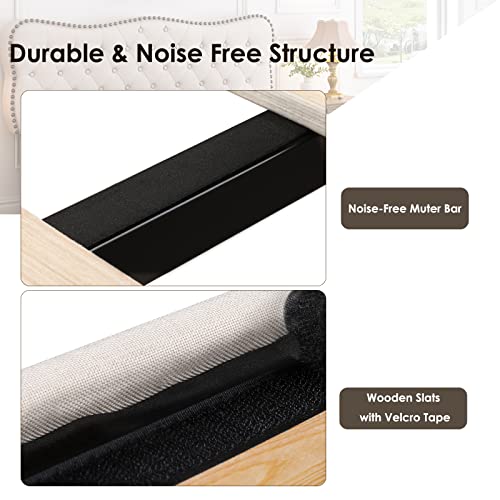 Hostack Full Size Bed Frame, Linen Fabric Upholstered Platform Bed Frame With Adjustable Headboard, Diamond Tufted Mattress Foundation With Wood Slats, Easy Assembly, No Box Spring Needed, Beige #TOP4