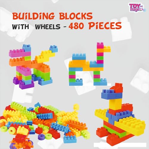 Image of ToyMagic Building Blocks with Wheels for Kids - 480 Pcs STEM Learning Set with Wheels, Colorful Interlocking Blocks for Building Cars, Robots, and More - Safe Non-Toxic Building Toy for Ages 3+