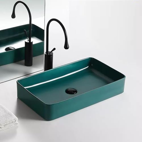 Image of InArt Ceramic Green Matt Table Top Wash Basin, 60 x 34 x 11 CM, Modern Counter Basin for Living Room or Bathroom