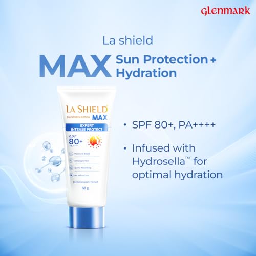 Image of La Shield Max SPF 80+ Sunscreen Lotion | PA++++ | Intense sun protection | For Highly sensitive skin | Moisture Boost Formula | Lightweight | Hydrating Sunscreen | Dermatologist Prescribed | For Men & Women | 50gm