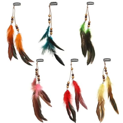 ASYKNM 6 Piezas Clips de Pelo Pluma, Accesorios Cabello Plumas Boho, Pluma Extensiones de Cabello, Tocado Hippie con Plumas Pavo Real, Bohemio e Indio Tocado de Plumas, para Mujeres y niñas