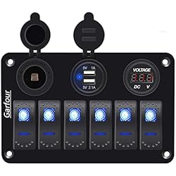 Garfour 6 Gang Marine Switch Panel - Waterproof Boat Rocker Switch Panel with 3.1A USB, Voltmeter & 12V Blue LED for Boats, Trucks, RVs, UTVs