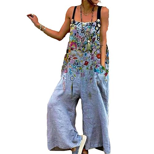 Montecarduo Jumpsuits For Women - Summer Blue Straps Overalls Ladies Casual Sleeveless Big Pocket Loose Playsuits Oversized Vintage Beach Wide Leg Straight Jumpsuits
