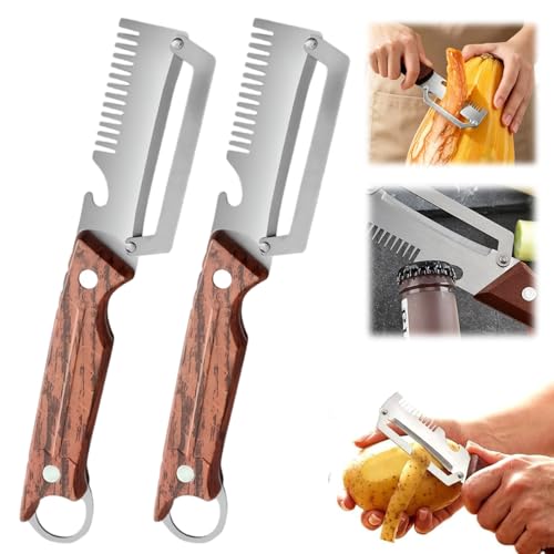 2 Pcs 3-in-1 Multifunctional Vegetable Peele, New Stainless Steel Thickened Fruit Peeler with Wooden Handle, Kitchen Peeler for Potato, Carrot