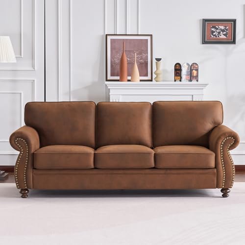 Image of Couchus 88 inch W Sofa Couches with Nailhead Trim, Mid-Century Vintage Faux Leather 3-Seater Sofa, Upholstered Couch for Living Room (Caramel Rust, 3-Seater)