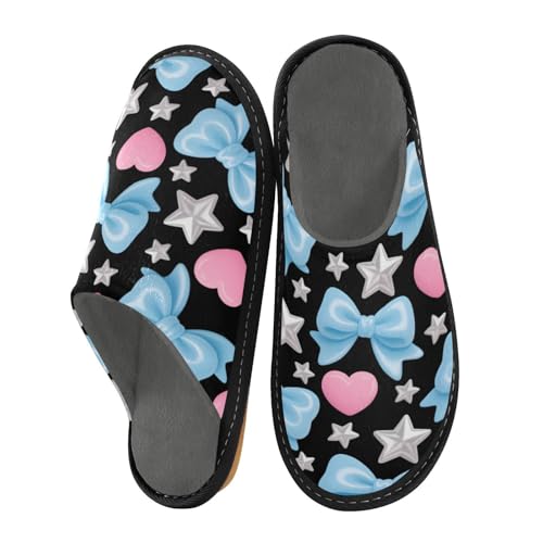 Slippers for Women Blue Bows Pink Hearts Stars Soft Fuzzy Women's Slippers Indoor and Outdoor Shoes