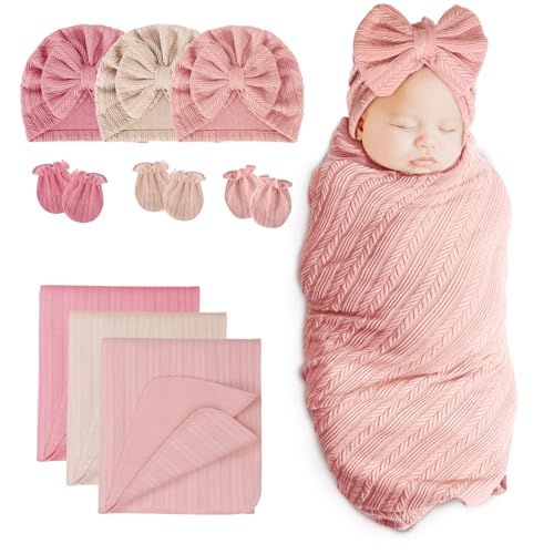 Image of BQUBO Newborn Receiving Blanket Hat Mittens Set for Baby, Unisex Baby Boys Girls Essentials, Newborn Registry Must Haves, Stroller Crib Shower Gifts