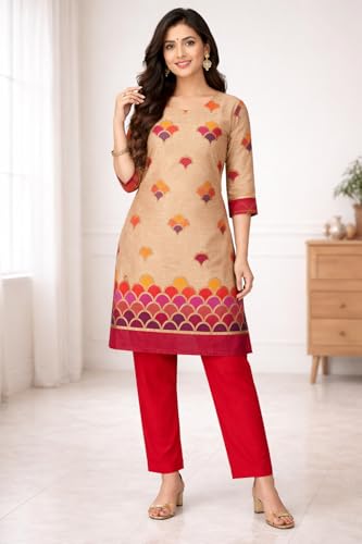 Image of Women's Cotton Blend Unstitched Kurti Set for Women | A-Line Style Dress Material | 2-Piece Traditional Ethnic Wear Suit Fabric