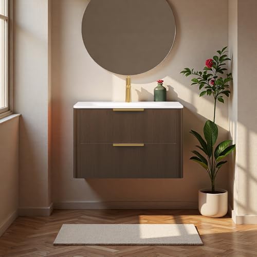 Image of 30 inch Wall-Mounted Bathroom Vanity Cabinet with Sink, Walnut