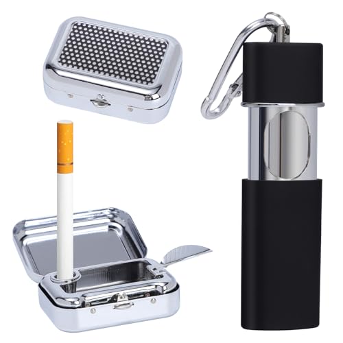 Pocket Ashtray, Odour-Proof Travel with Hook, Mini Cenicero de bolsillo a prueba de olores para ahumadores, cenicero de viaje portátil para viajes, resistente al calor, paquete de 2 unidades (negro y