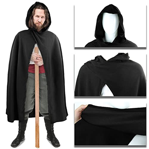 FSUJWOA Renaissance Hooded Cape Medieval Costumes with Hood Cloak Halloween Costume (Black, Style-1) - Image 2