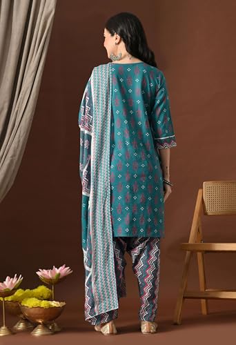 Image of Amazon Brand - Tavasya Women's Cotton Printed Kurta Set with Dupatta and Straight Pants | Salwar Suit | Ethnic Wear for Festive, Casual & Office Use