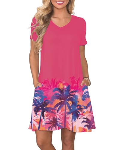 Image of COSSEN Women's Casual T Shirt Dress V-Neck Short Sleeves Swing Dresses Birthday Party Summer Travel Beach with Pocket